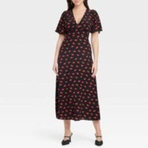 A New Day Midi Maxi Dress Size 4 New Black Red Lip Print